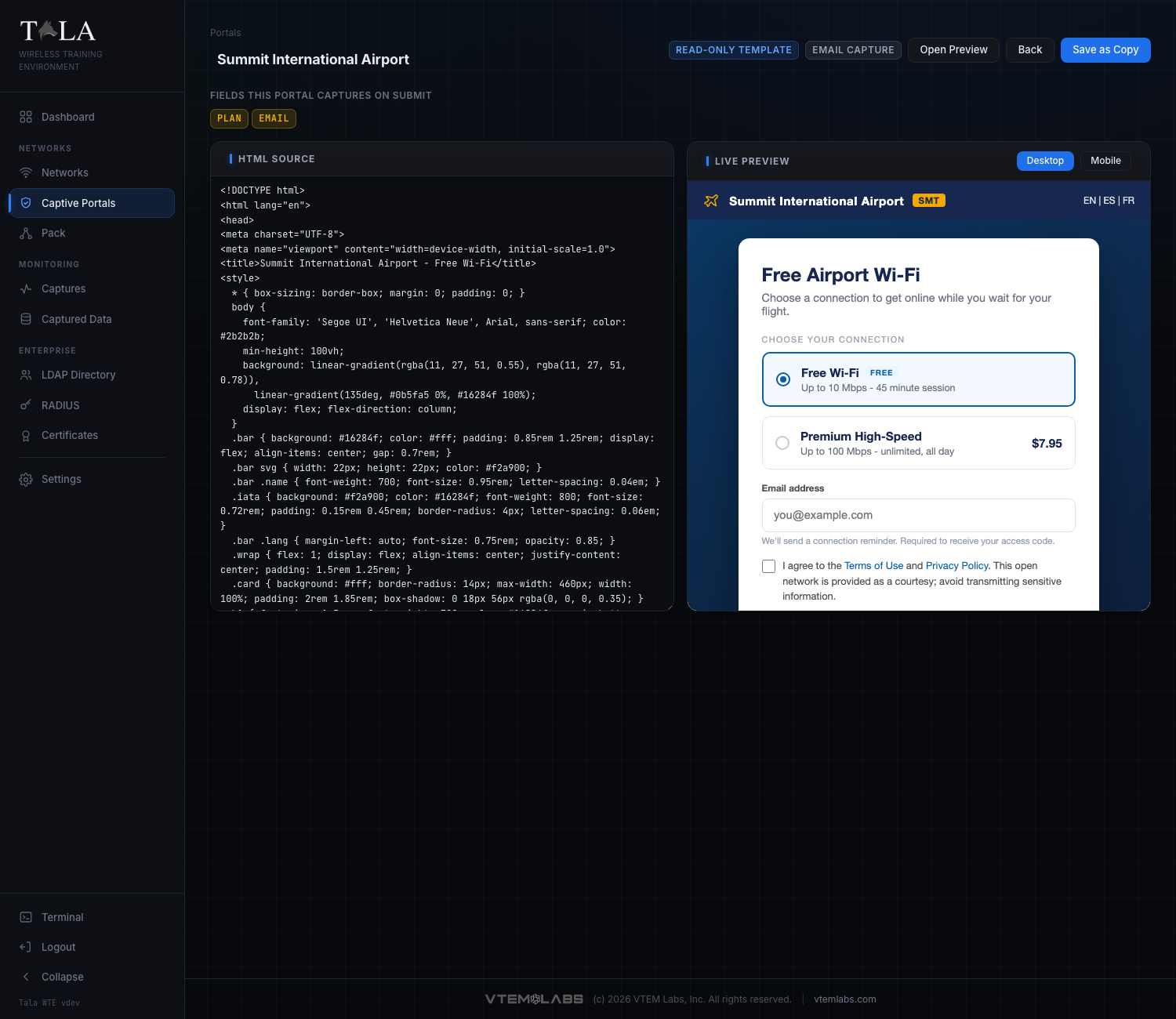 The portal editor: name and badges up top, HTML Source on the left, live Desktop/Mobile preview on the right