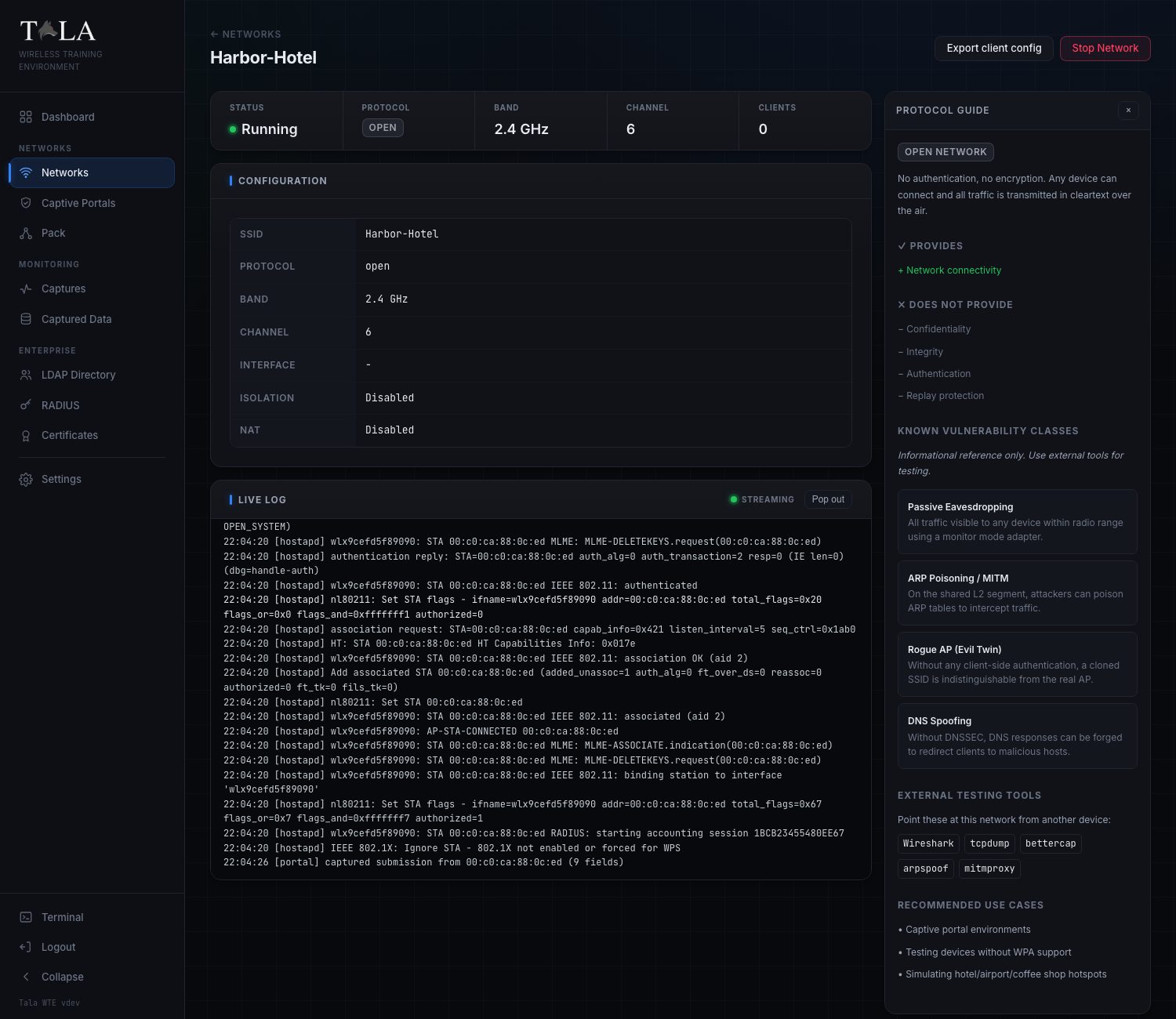 The network detail page with the status strip, configuration, connected clients, and live log