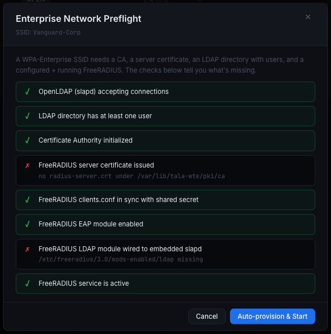 The Enterprise Network Preflight dialog with its readiness checks