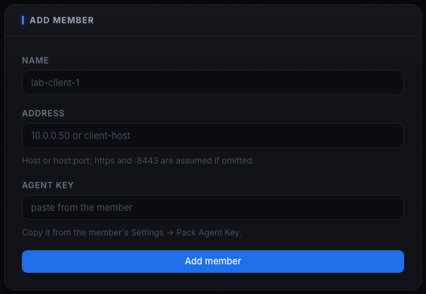 The Add Member form with Name, Address, and Agent key fields