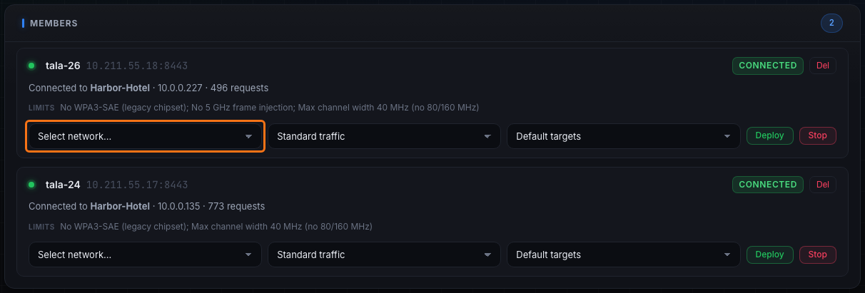 Two connected members, each showing its name, address, what it is connected to, capability limits, and a deploy row