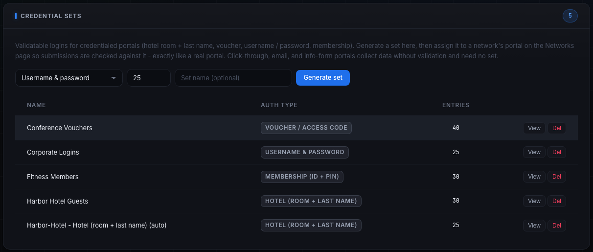 The Credential Sets panel: auth-type dropdown, count, optional name, Generate set, and the table of existing sets