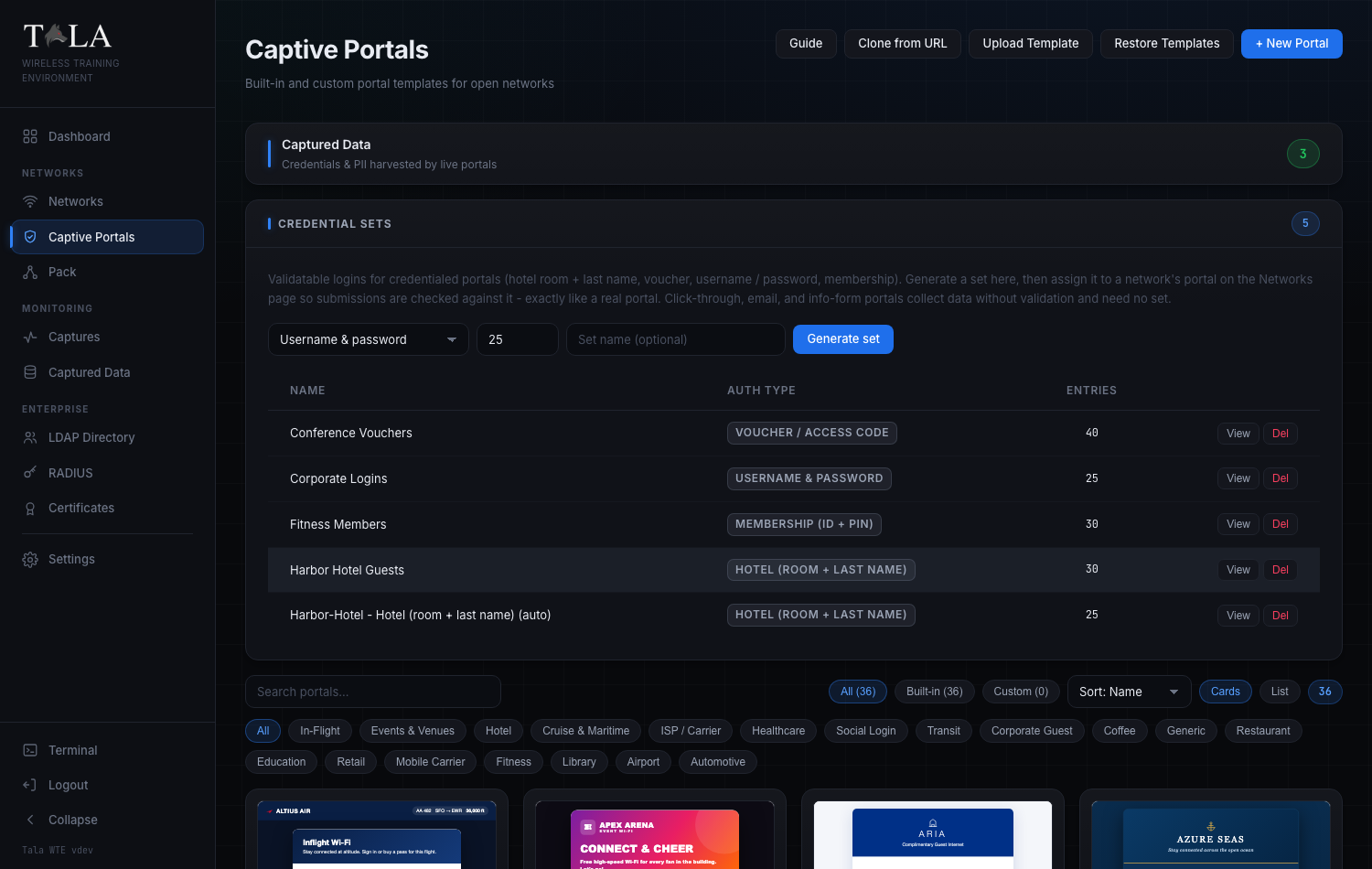 The Captive Portals page: header actions, Captured Data shortcut, Credential Sets, and the portal gallery
