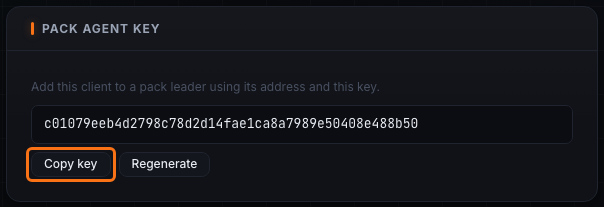 The Pack Agent Key panel on the member's Settings page, with the key value and the Copy key and Regenerate buttons