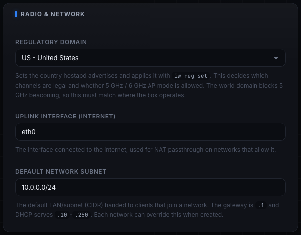 The Radio & Network panel with the regulatory domain, uplink interface, and default subnet fields