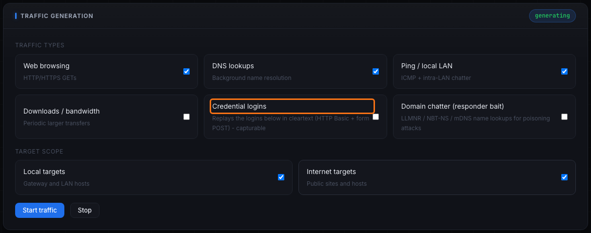 The Traffic Generation panel with all six generators and target scope