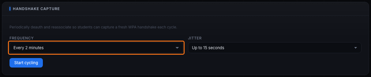 The Handshake Capture panel with Frequency and Jitter dropdowns