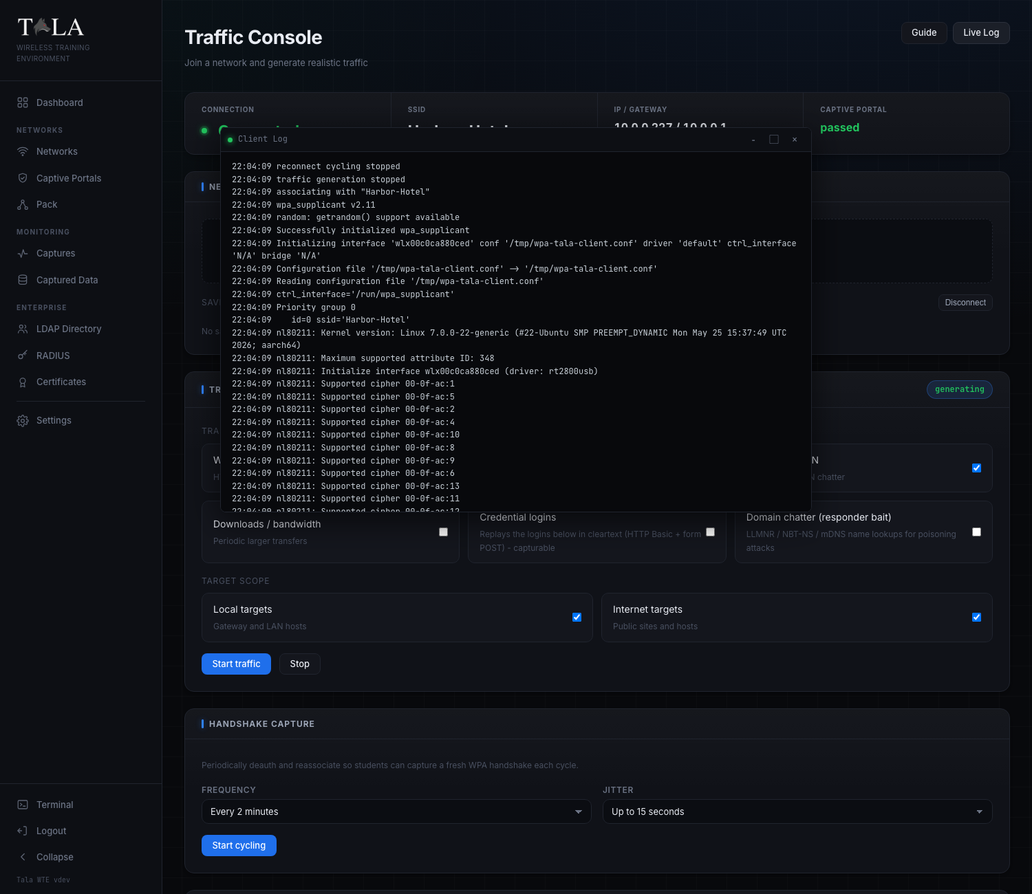 The Live Log window streaming client activity