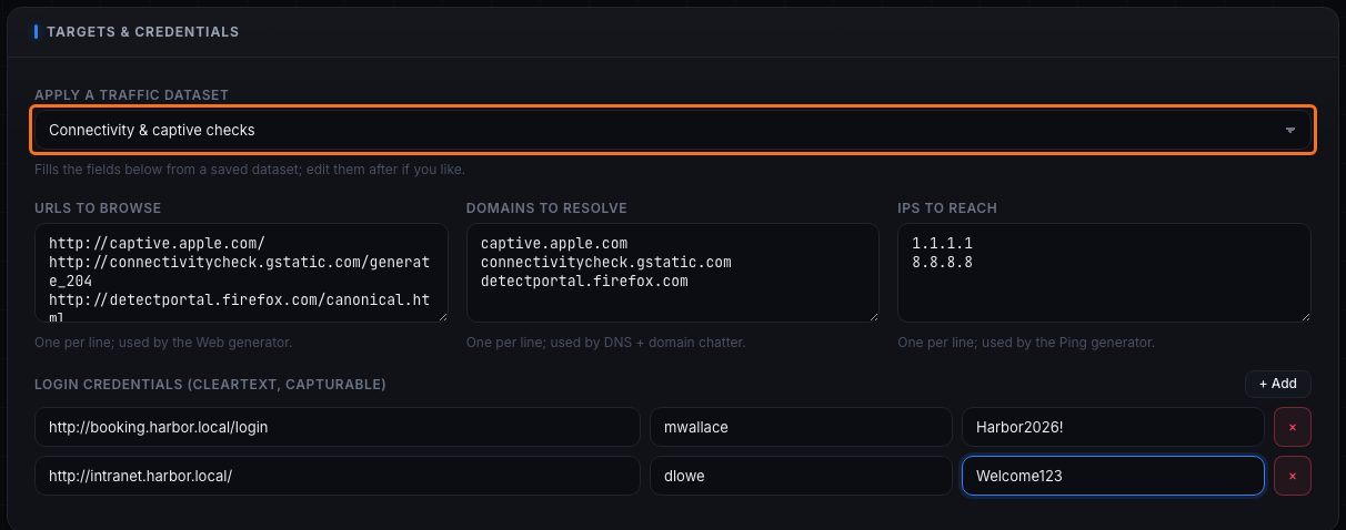 The Targets and Credentials panel with a dataset applied and login rows